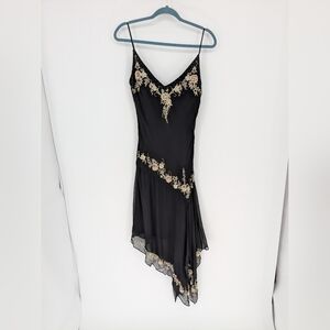 Vintage Y2K Marina Black Silk Beaded Floral Handkerchief Asymmetrical Dress 14